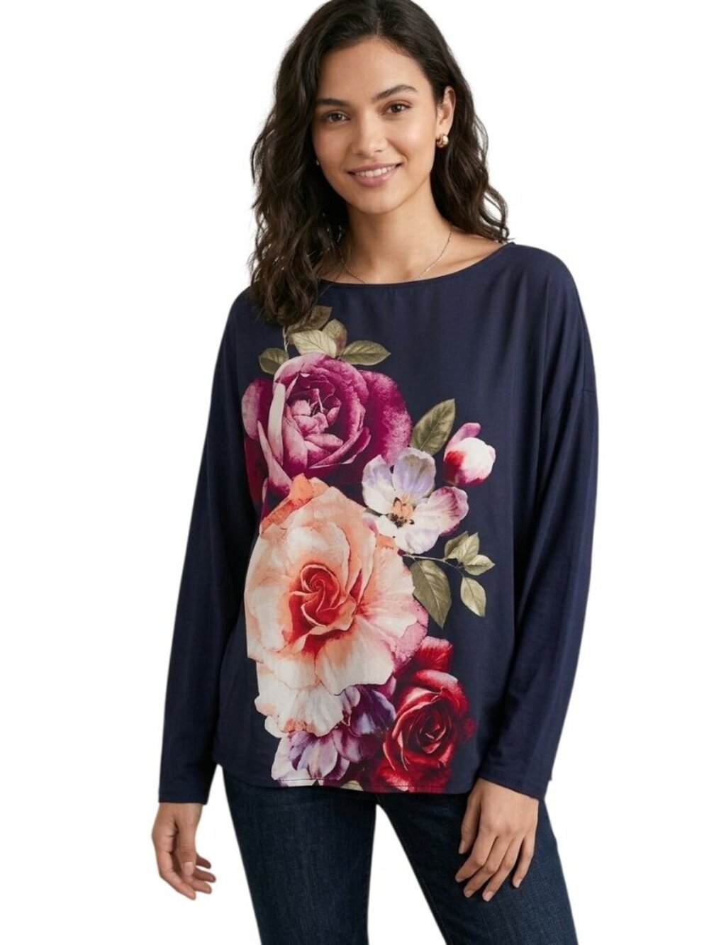 Chicos Mixed Media Top XXL Floral Long Sleeve Drop Shoulders Navy Blue Bohemian